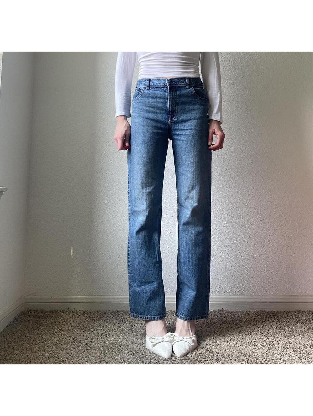 Mid rise wide leg flare light wash denim blue jeans